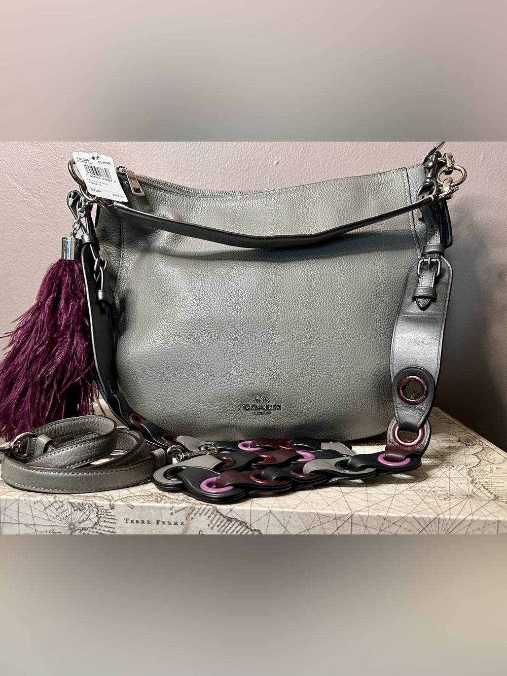 NWT Coach Elle Hobo Bag Grey & Rare Leather Link Novelty Strap Bundle Set